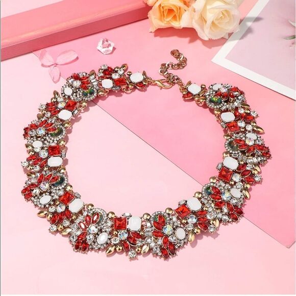 Yellow Gold with Ruby Red Austrian Crystal Chunky Necklace and Earrings Set - Picture 4 of 7